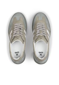 Paar graue und beige Schnürsneaker mit weißen Streifen und "LLOYD"-Markenlogo auf der Zunge und Innensohle, von oben auf weißem Hintergrund gezeigt.