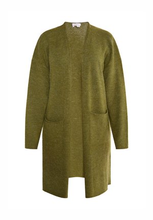 Olive green cardigan made of soft wool blend, long sleeves, open front, and two front pockets. Textured surface with a relaxed fit.