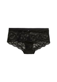 Zwarte kant boyshorts met bloemenpatronen, een golvende elastische tailleband en een zachte, doorschijnende textuur. Ontworpen voor comfort en stijl.