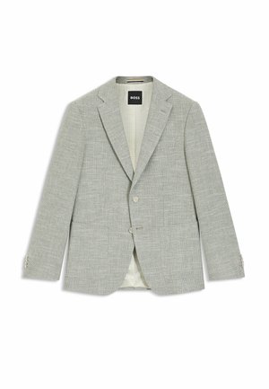 Blazer grigio chiaro in tessuto strutturato, con chiusura a un bottone e rever a incasso. Presenta dettagli con tre bottoni sulle maniche.
