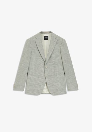 Blazer gris clair en tissu texturé, doté d'une fermeture à un bouton et de revers crantés. Il présente trois boutons décoratifs sur les manches.