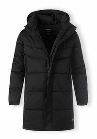 Čierna prešívaná bunda s kapucňou, so zipsom vpredu, dvoma bočnými vreckami so zipsom a logom na dolnom leme. Hladká textúra.