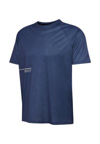 Marineblauwe sport T-shirt met korte mouwen, gemaakt van vochtregulerende stof, met een geometrisch patroon en een klein wit logo op de voorkant.