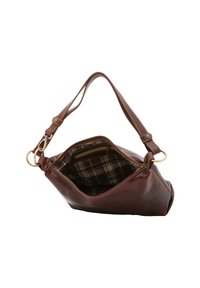 Sac à bandoulière en cuir marron avec une finition lisse, une sangle réglable, des accessoires en métal doré et une doublure en tissu à carreaux à l'intérieur.