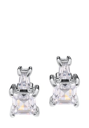 Pair of silver-tone earrings featuring two large clear cubic zirconia stones in a square shape, with a smaller rectangular stone above.