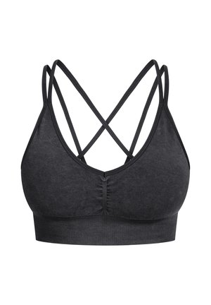 Zwarte bralette met een ronde hals, geribbelde onderband en kruislings verstelbare bandjes. Gemaakt van zachte, rekbare stof.