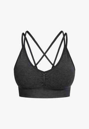 Zwarte bralette met een ronde hals, geribbelde onderband en kruislings verstelbare bandjes. Gemaakt van zachte, rekbare stof.