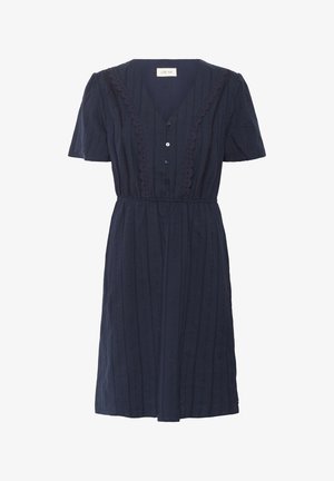 Vestido azul marino con mangas cortas, escote en V, cierre de botones en la parte delantera, tejido texturizado y detalles de encaje en el corsé y las mangas.