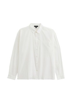 Camicia bianca a maniche lunghe con bottoni, realizzata in tessuto leggero, caratterizzata da un colletto a punta, una tasca sul petto e orlo dritto.