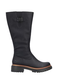 Black leather knee-high boot with a textured finish, featuring a buckle accent and a rugged rubber sole with a contrasting beige stitching.