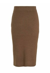 Ribbade stickade pennkjol i brunt, med en figursydd design och hög midja, samt en knälång längd. Slät textur genom hela plagget.