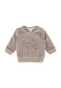 Hellbeige Fleece-Sweatshirt mit langen Ärmeln, gerippten Bündchen und einem runden Ausschnitt mit zwei Druckknöpfen. Vorderseite mit zwei grauen Mäusen gestaltet.