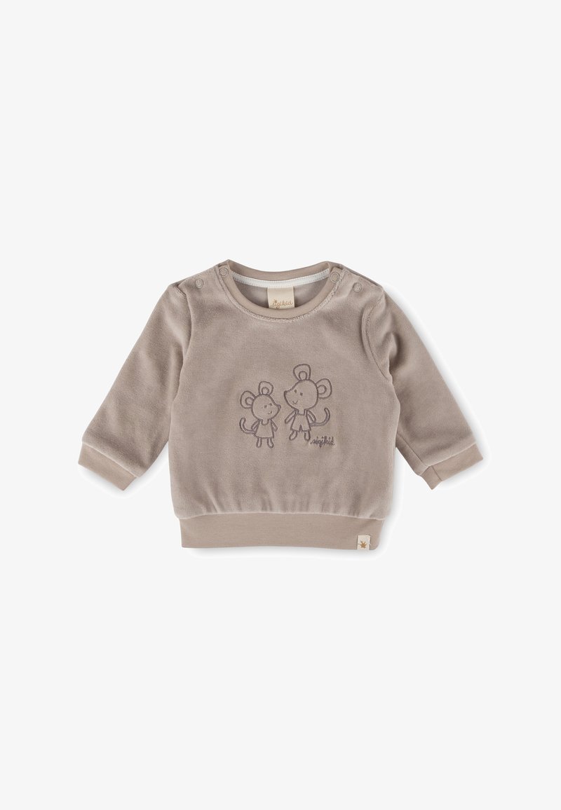 Hellbeige Fleece-Sweatshirt mit langen Ärmeln, gerippten Bündchen und einem runden Ausschnitt mit zwei Druckknöpfen. Vorderseite mit zwei grauen Mäusen gestaltet.