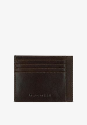 Dunkelbrauner Lederkartenhalter mit mehreren Kartenfächern, glatter Textur, geprägtem Logo und minimalistischer Gestaltung.