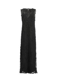 Zwarte mouwloze maxi-jurk met ingewikkelde bloemenborduring, transparante overlay en gegolfde zoom met een vloeiende silhouette.