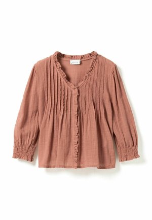 Bluză cu mâneci lungi, culoarea ruginii, cu volane în față, pliuri verticale împăturite, manșete elastice adunate și decolteu rotund.