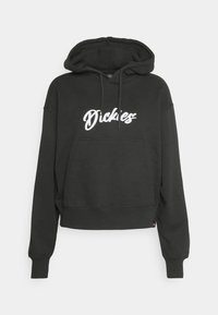Sweat à capuche noir avec manches longues, poche avant et texte du logo blanc "Dickies" sur la poitrine.