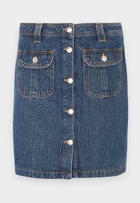 Denim krilo v svetlo modrem odtenku, z dvema sprednjima žepoma in zapiranjem na gumbe z kovinskimi gumbi. Opečene rumene niti.
