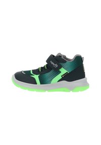 Barns mörkgröna och neongröna sneakers med grå sula, kardborreband märkt "superfit" och Gore-Tex tygpanel.