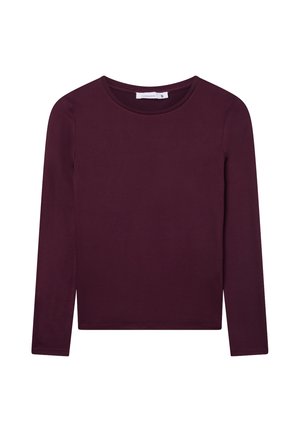Długi rękaw w kolorze burgundowym, wykonany z miękkiego materiału. Klasyczny okrągły dekolt, dopasowany krój, bez widocznych wzorów lub akcentów. Rozmiar oznaczony jako S.