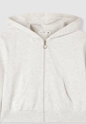 Felpa grigia con zip realizzata in tessuto morbido. Caratterizzata da tasche a marsupio, orlo e polsini a coste, e cappuccio con cordino. Texture leggera melange.