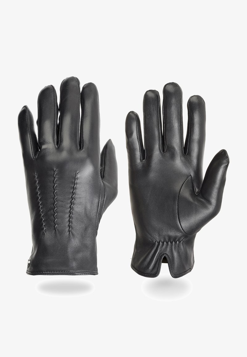 Juodos odinės pirštinės su lygiu paviršiumi, turinčios dekoratyvinius siūlus ant nugaros, siaurą rankogalią ir atvirą nykščio dizainą.