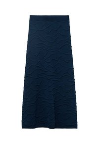 Jupe tricotée bleu marine présentant un motif en vagues texturé, de longueur mi-mollet et une taille élastique pour le confort.