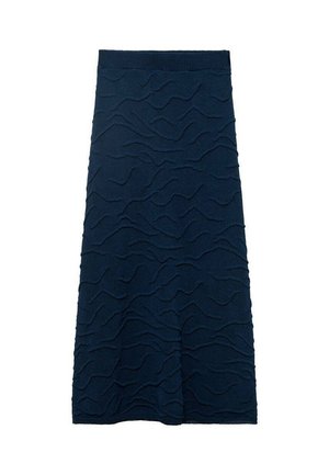 Mörkblå stickad kjol med en texturerad vågmönster, mittlång design och elastisk midja för komfort.