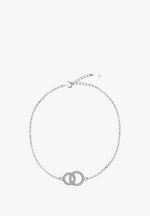 Silberarmbånd med to sammenflettede cirkulære led, udsmykket med klare rhinsten, fastgjort til en delikat kæde med et spænde.