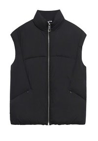 Schwarze ärmellose Daunenweste mit hohem Kragen und vorderem Reißverschluss. Verfügt über zwei seitliche Taschen und ein gestepptes Design für zusätzliche Textur.