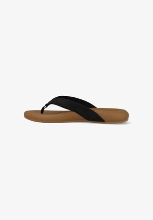 Bruine flip-flop met brede zwarte gestructureerde banden, ontworpen voor casual gebruik, weergegeven in zijaanzicht op witte achtergrond.