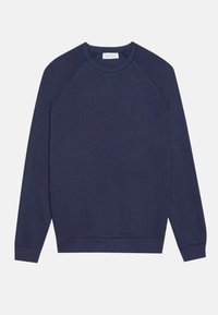 Hanorac bleumarin cu mâneci raglan, guler rotund și manșete cu aspect în dantele. Textură netedă și fără logo-uri sau tipare vizibile.