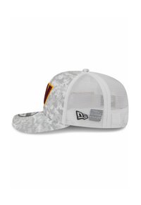 Gray camouflage cap with a rigid brim, mesh back, and a front logo patch in red and yellow. Side features black brand logo.
