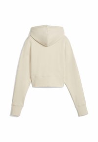 Beige crop hoodie met lange mouwen en geribbelde manchetten, van achteren getoond op een witte achtergrond.