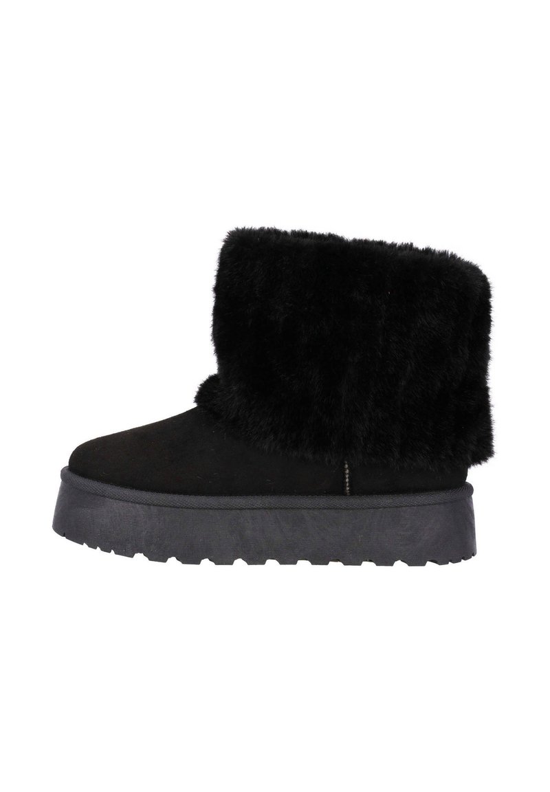 Stivaletti neri alla caviglia in suede con una morbida cuffia in pelliccia sintetica. Presentano una suola spessa e strutturata con un motivo di presa robusto.