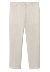 Pantalon en lin beige à fines rayures verticales, avec une fermeture frontale à boutons et une coupe droite.