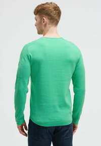 Grüner Pullover mit langen Ärmeln und einem strukturierten Strickmuster sowie einem Rundhalsausschnitt, der ein tailliertes Design und ein Schulterpatch-Detail aufweist.