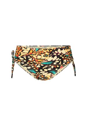 Dvoudílné plavky se spodkem s vícebarevným vzorem motýlů a listů, s černým základem, zavazováním na bocích a texturovanou látkou.