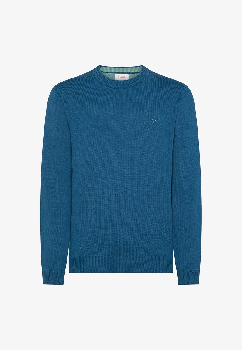 Blaues gestricktes Sweatshirt mit Rundhalsausschnitt, gerippten Bündchen und Saum, mit einem kleinen Logo in hellgrün auf der Brust. Strukturiertes Stofffinish.