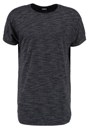 Juodas trumpomis rankovėmis marškinėliai su apvaliu kaklu, pagaminti iš tekstūrinio audinio su subtiliu heatherio raštu, turintys laisvą sukirpimą.