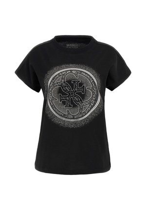 T-shirt nera a maniche corte in cotone, con un design grafico circolare con accenti argentati e un motivo testurizzato al centro.