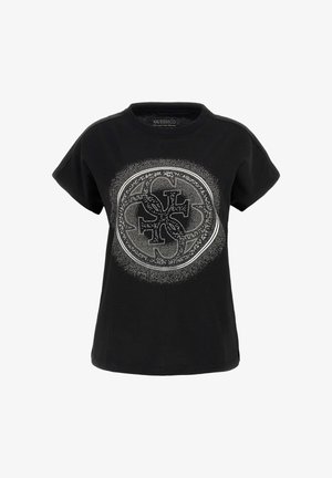 Svart kortärmad t-shirt i bomull, med en cirkulär grafisk design med silverdetaljer och ett strukturerat mönster i mitten.