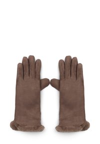 Guanti marroni in suede con un morbido rivestimento in pelliccia all'altezza del polso. Il design presenta dita lunghe e aderenti con un aspetto senza cuciture.