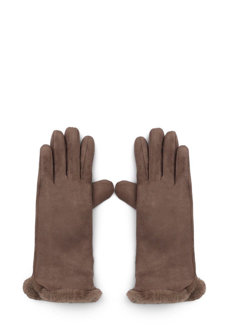 Guanti marroni in suede con un morbido rivestimento in pelliccia all'altezza del polso. Il design presenta dita lunghe e aderenti con un aspetto senza cuciture.
