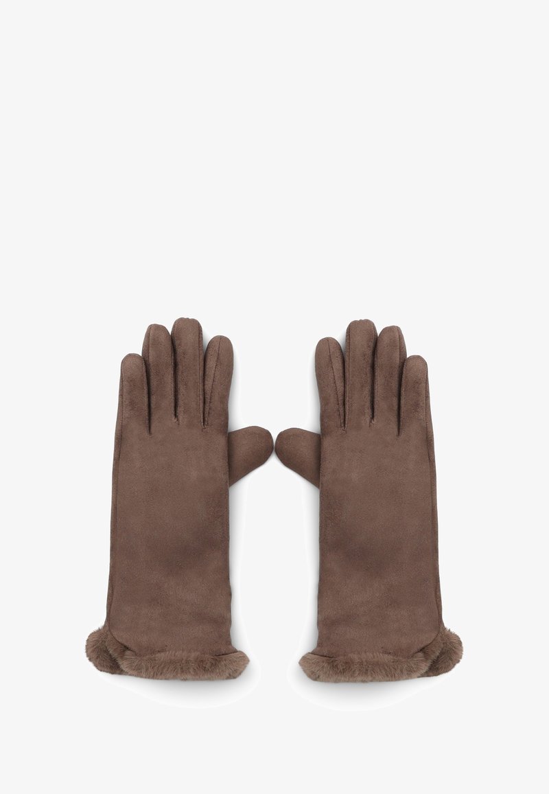 Guanti marroni in suede con un morbido rivestimento in pelliccia all'altezza del polso. Il design presenta dita lunghe e aderenti con un aspetto senza cuciture.