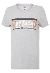 Šedé bavlněné tričko s kulatým výstřihem, které má na přední části logo v černé a růžové zlaté metalické barvě, doplněné horizontálními pruhy.