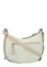 Borsa a tracolla in pelle beige con un design curvo, dotata di una tasca con zip sulla parte anteriore e una tracolla regolabile con dettagli in metallo.