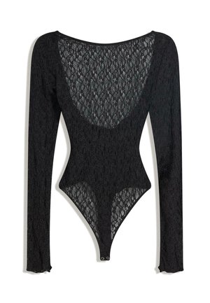 Black lace bodysuit with long sleeves, featuring a scoop neckline and intricate floral pattern. Snap closures at the bottom.