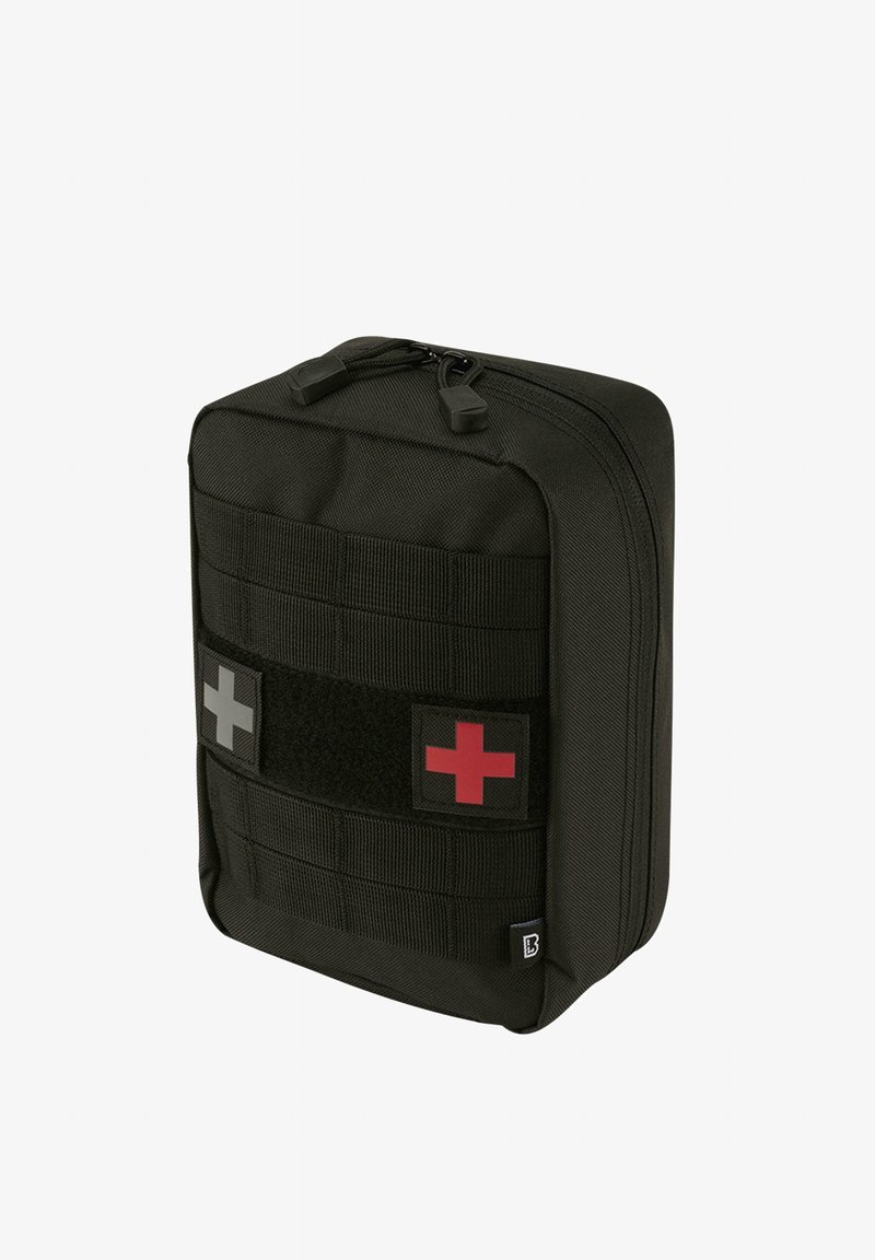 Zwarte tactische pouch met dubbele ritssluiting, voorzien van MOLLE-webbing, grijze en rode kruis patches, en een textuurstofoppervlak.