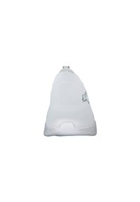 White athletic shoe with a textured knit upper, rounded toe, and a pull tab at the back. Features a gray logo and rubber sole.
